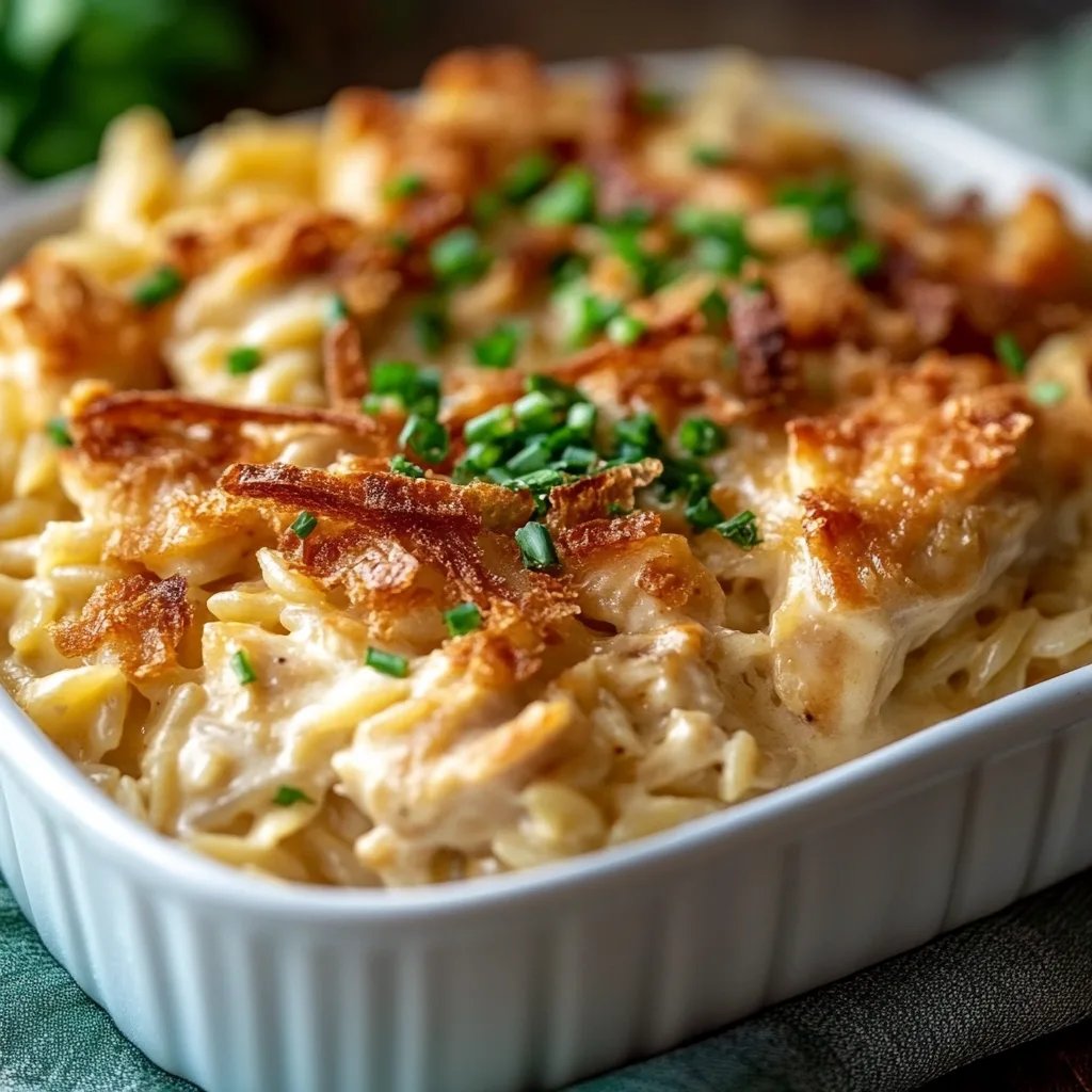French Onion Chicken Orzo Casserole