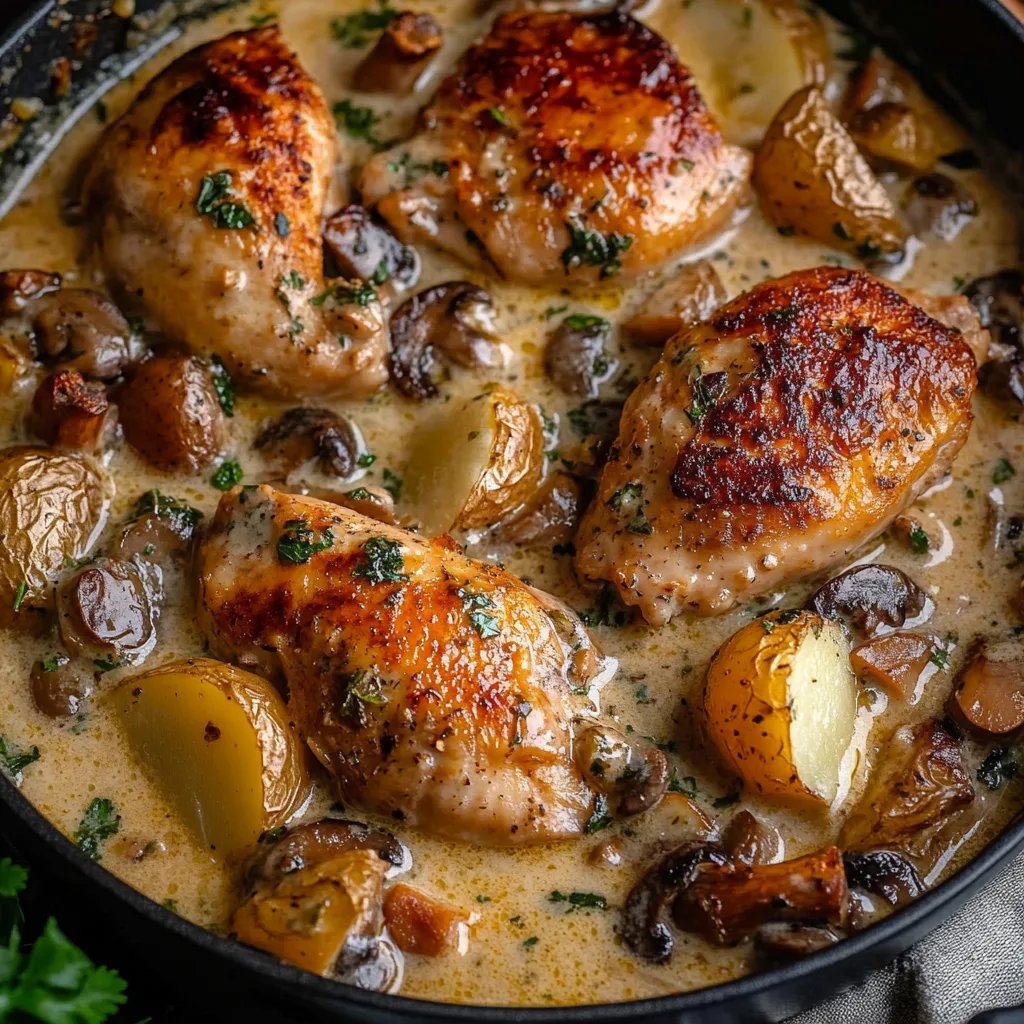 Herb Roasted Chicken in Creamy White Sauce with Mushroom and Potatoes